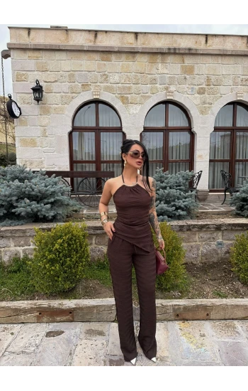 Kahve Yaka Aksesuarlı İkili Takım