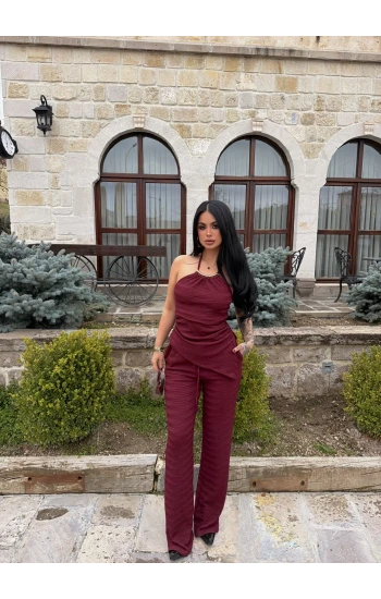 Bordo Yaka Aksesuarlı İkili Takım