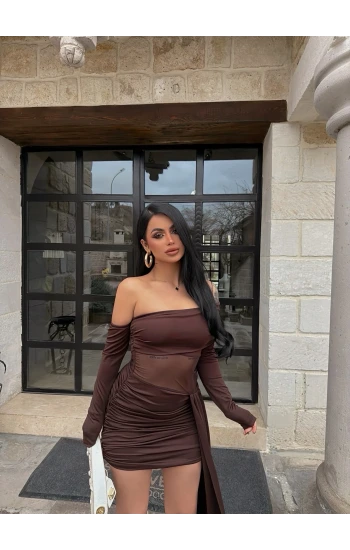 Kahve Asimetrik Kesim Tül Detay Elbise