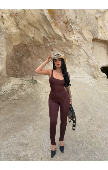 Kahve Askılı Basic Slim Tulum