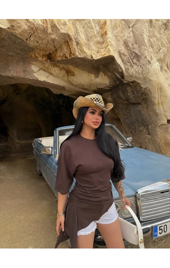 Kahve Eteği Asimetrik Ribana Bluz