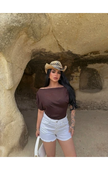 Kahve Kayık Yaka Transparan Bluz