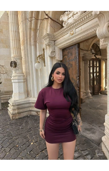 Mürdüm Büzgülü Modal Elbise