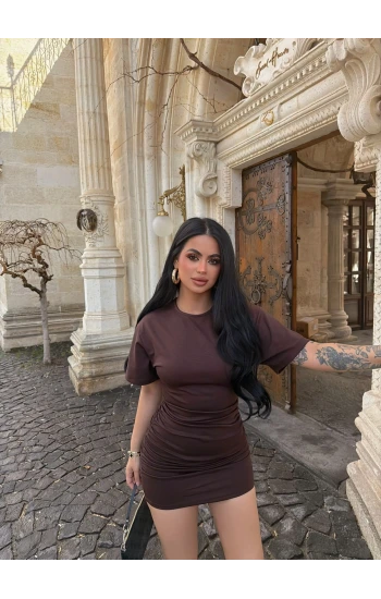 Kahve Büzgülü Modal Elbise