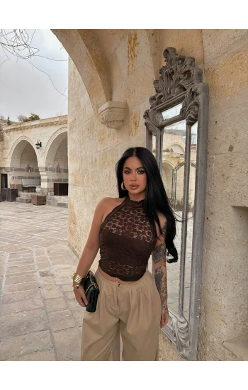 Kahve Bohem İçi Astarlı Dantel Crop