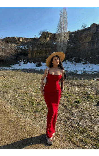 Kırmızı İp Askılı Maxi Elbise