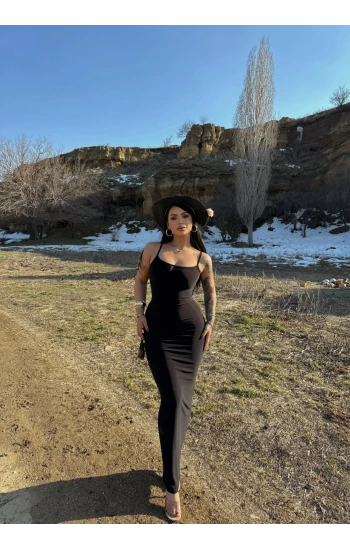 Siyah İp Askılı Maxi Elbise