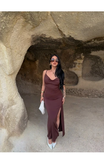 Kahve Askılı Degaje Yaka Elbise