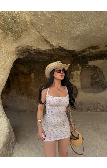 Bej Çiçek Desen İp Askılı Elbise