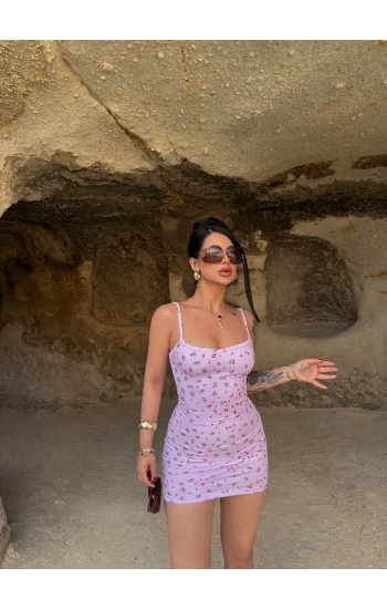 Lila Çiçek Desen İp Askılı Elbise
