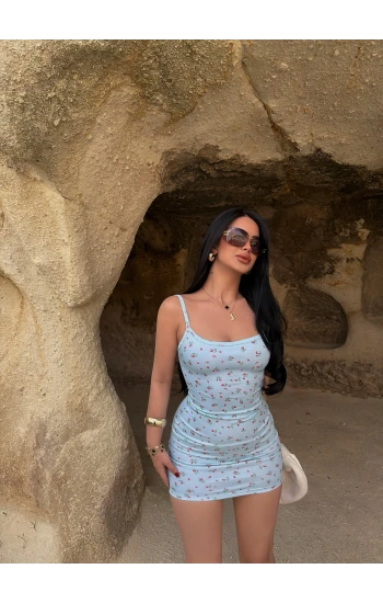 Mavi Çiçek Desen İp Askılı Elbise