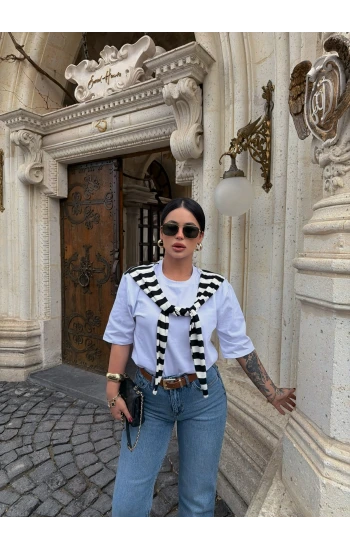 Çizgili Şal Bağlamalı Tişört