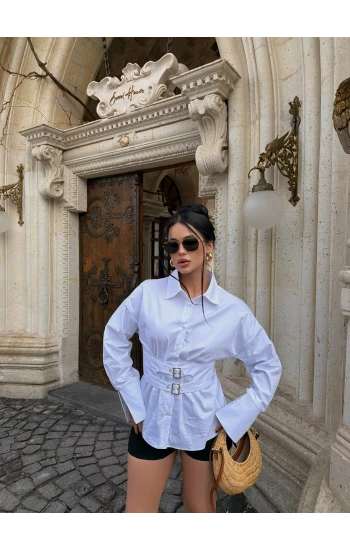 Beyaz Geniş Kuşaklı Poplin Gömlek
