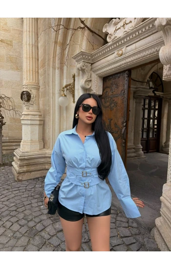 Mavi Geniş Kuşaklı Poplin Gömlek