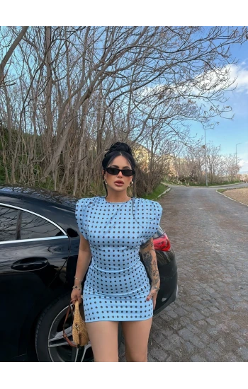 Mavi Omuz Vatkalı Puantiyeli Elbise