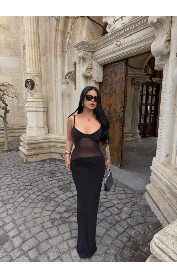 Göğüs Taşlı Tül Detaylı Elbise