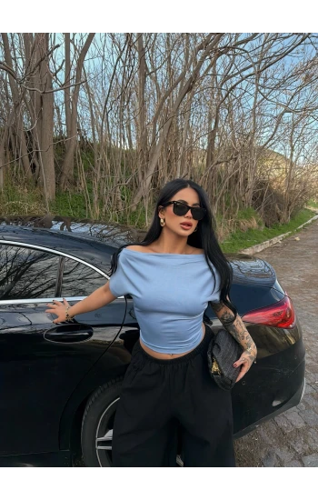 Mavi Yarasa Kol Kayık Yaka Crop