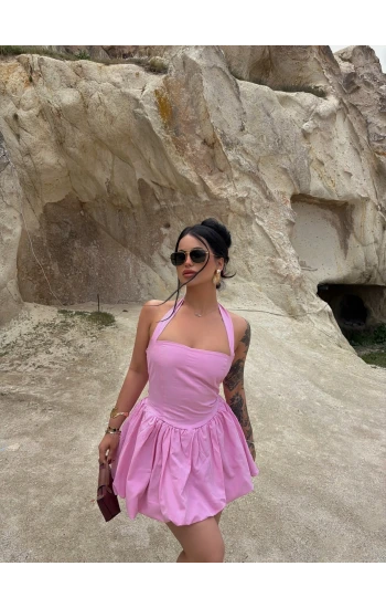 Pembe Boyundan Bağlamalı Balon Etekli Elbise