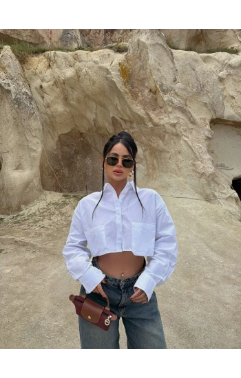 Beyaz Çift Cepli Poplin Gömlek