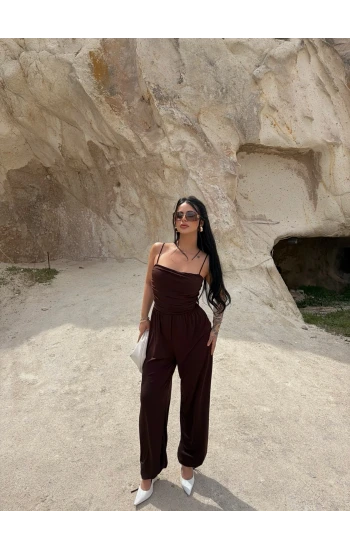 Kahve Luxe Drapeli Askılı Tulum