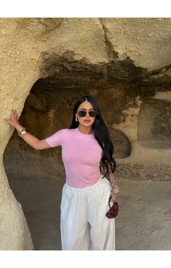 Pembe Glam Basic Taşlı Crop