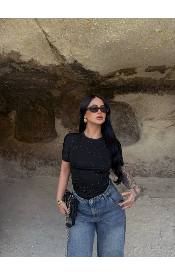 Siyah Glam Basic Taşlı Crop
