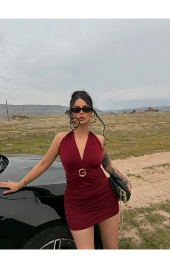 Bordo Boyundan Bağlamalı Tokalı Elbise