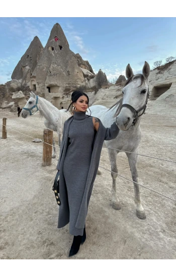 Antrasit Elbise Hırka Triko İkili Takım