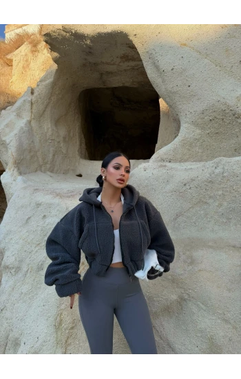 Antrasit Kanguru Cep Peluş Ceket