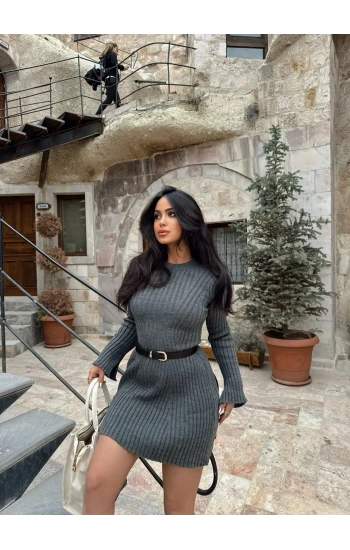 Antrasit Ribbed Triko Elbise