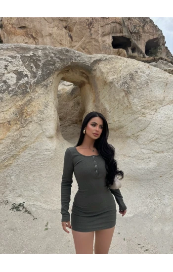 Haki Yaka Düğmeli Kaşkorse Elbise