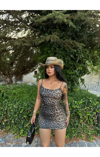 Askılı Mini Leopar Elbise