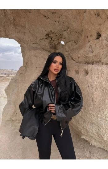 Balon Kollu Deri Mont