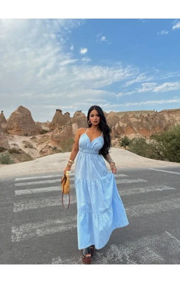 Bebe Mavisi Askılı İnci Keten Elbise