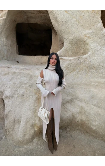 Bej Bolero Hırkalı Triko Elbise