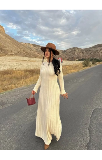 Bej Fitilli Triko Maxi Elbise