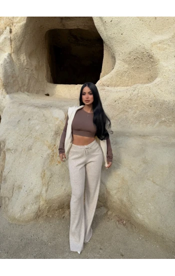 Bej Fitilli Triko Pantolon