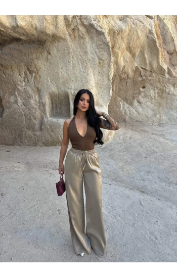 Bej Işıltı Bol Paça Pantolon