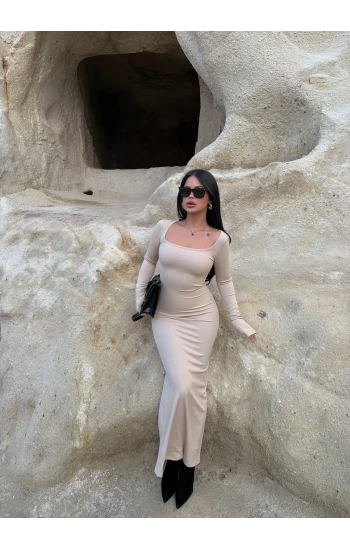 Bej Kare Yaka Fitilli Elbise