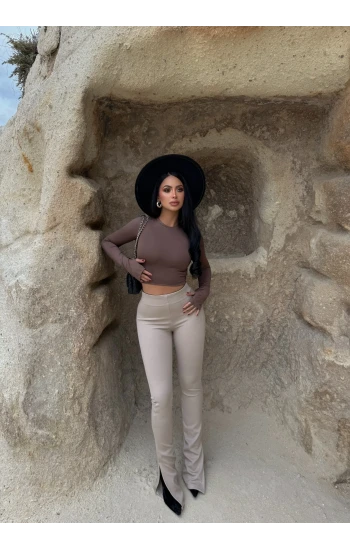 Bej Paça Yırtmaçlı Fitilli Tayt