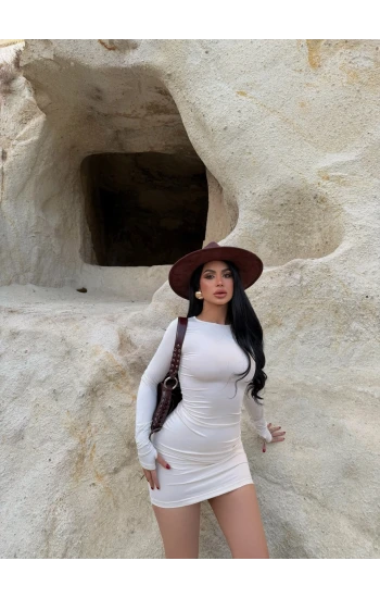 Bej Parmak Geçmeli Scuba Elbise