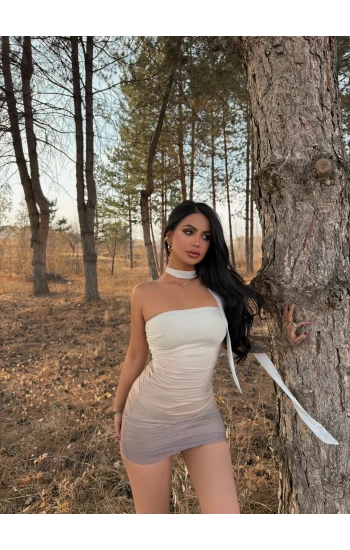 Bej Renk Geçişli Fularlı Elbise