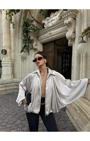 Bej Saten Yarasa Bomber Ceket