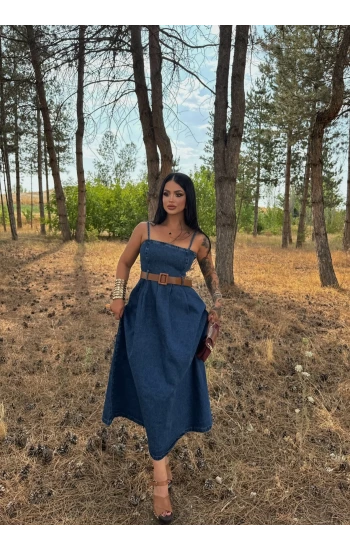 Belden Kemerli Denim Elbise