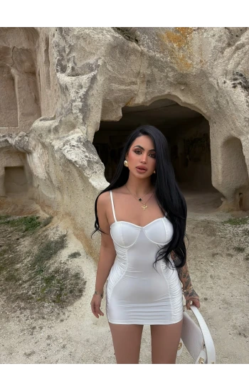 Beyaz Balenli Saten Elbise