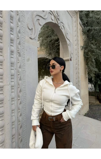 Beyaz Bel Korseli Kapşonlu Hırka
