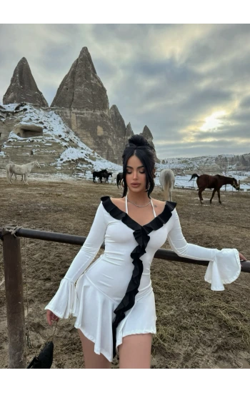 Beyaz Çift Renk Elegant Elbise