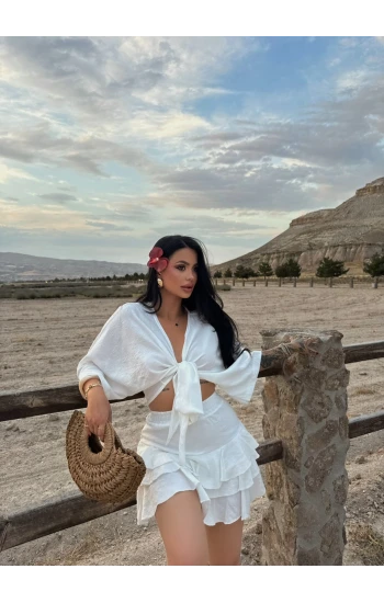 Beyaz Çilek Kimono İkili Takım