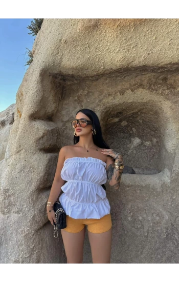 Beyaz Dokuma Straplez Bluz