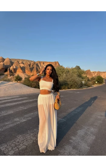 Beyaz Eteği Tül Büstiyer İkili Takım